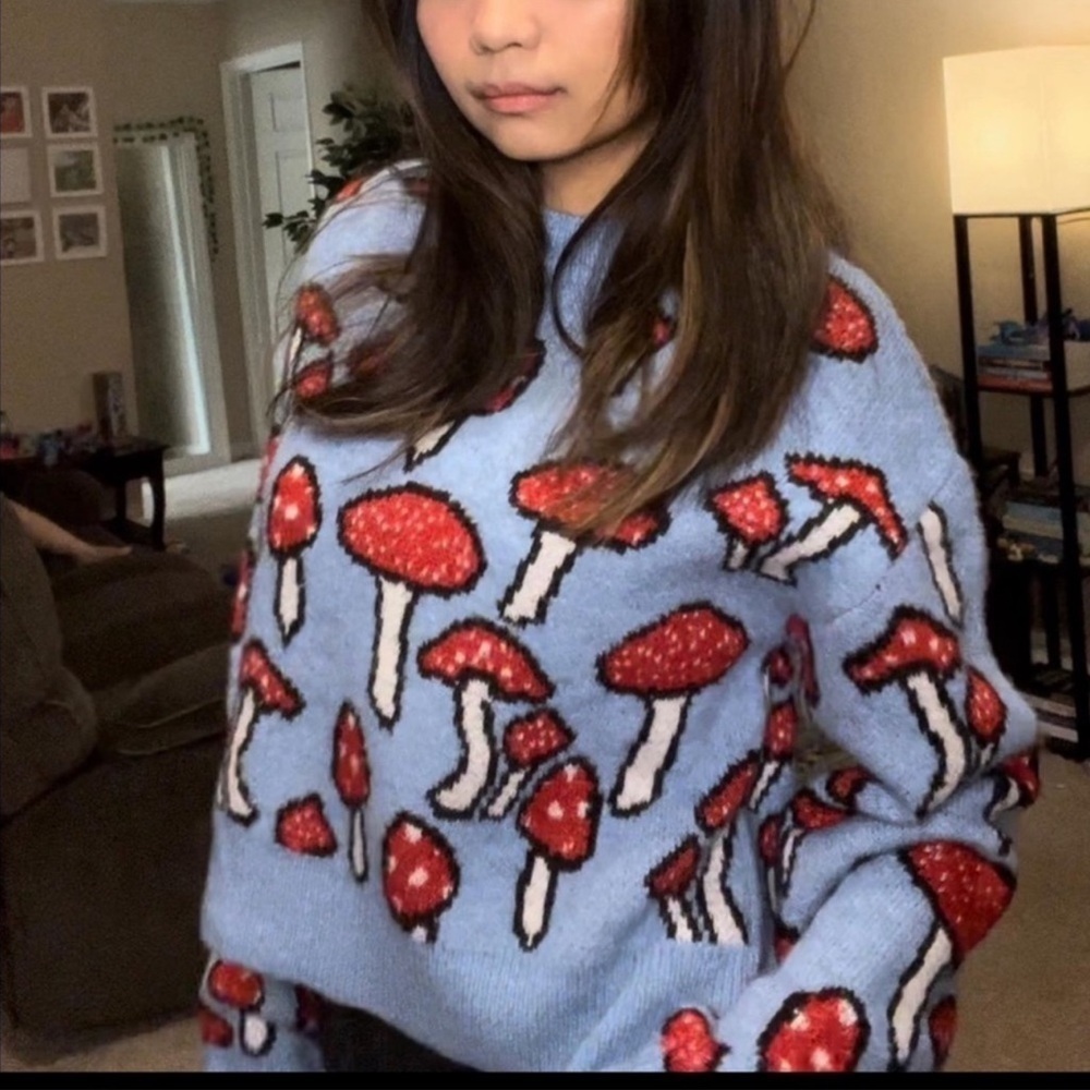 Zara Blogger's Favorite Knit Mushroom Long Sleeve Crew Neck Novelty Sweater - Picture 10 of 16